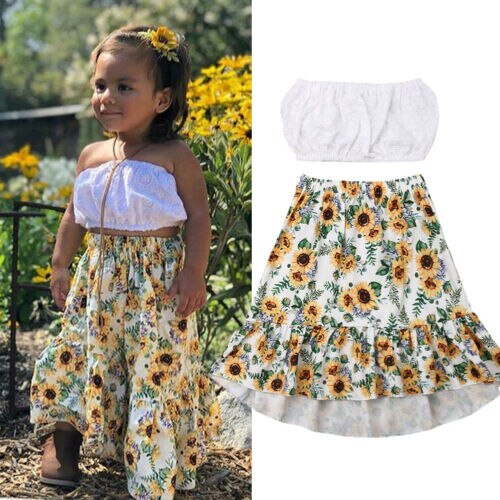 baby Girl Clothes Toddler Kids Baby Girl Sunflower Solid Crop Top Skirts 2pcs Outfits Clothes - ebowsos