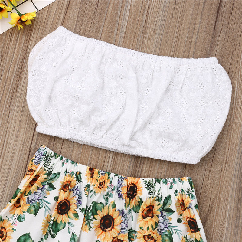 baby Girl Clothes Toddler Kids Baby Girl Sunflower Solid Crop Top Skirts 2pcs Outfits Clothes - ebowsos