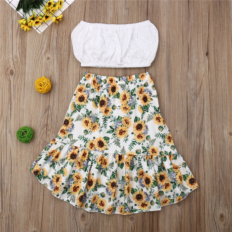 baby Girl Clothes Toddler Kids Baby Girl Sunflower Solid Crop Top Skirts 2pcs Outfits Clothes - ebowsos