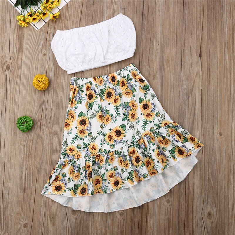 baby Girl Clothes Toddler Kids Baby Girl Sunflower Solid Crop Top Skirts 2pcs Outfits Clothes - ebowsos