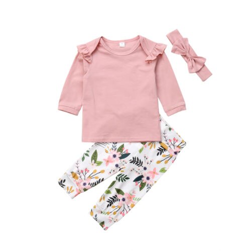 baby floral print autumn clothes girls kids long sleeve ruffles T-shirts long pants Princess Pink Fashion Infantile - ebowsos