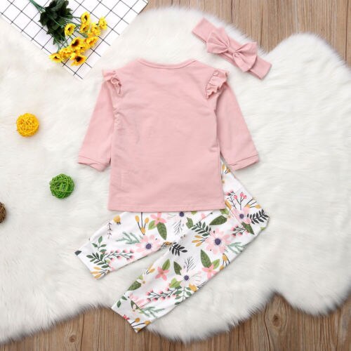 baby floral print autumn clothes girls kids long sleeve ruffles T-shirts long pants Princess Pink Fashion Infantile - ebowsos