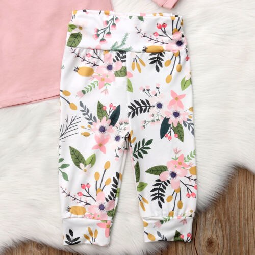 baby floral print autumn clothes girls kids long sleeve ruffles T-shirts long pants Princess Pink Fashion Infantile - ebowsos