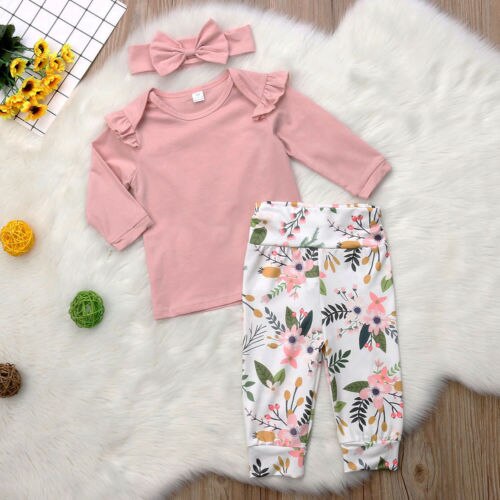 baby floral print autumn clothes girls kids long sleeve ruffles T-shirts long pants Princess Pink Fashion Infantile - ebowsos