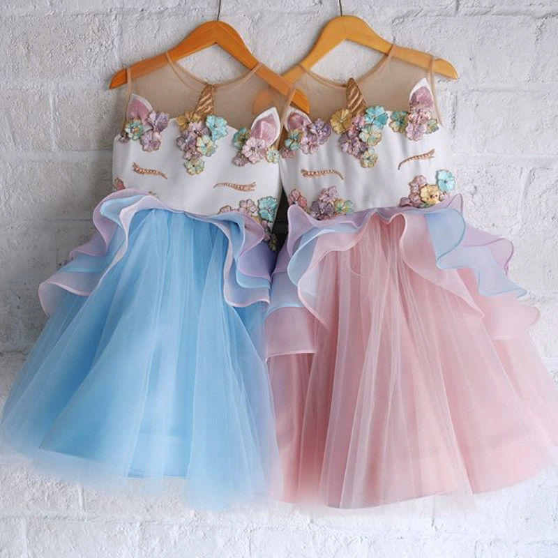 high quality!!Baby Girls Unicorn Embroidery Party Pageant Dress 3D Sundress Ruffle Sleeveless Cartoon Dresses - ebowsos