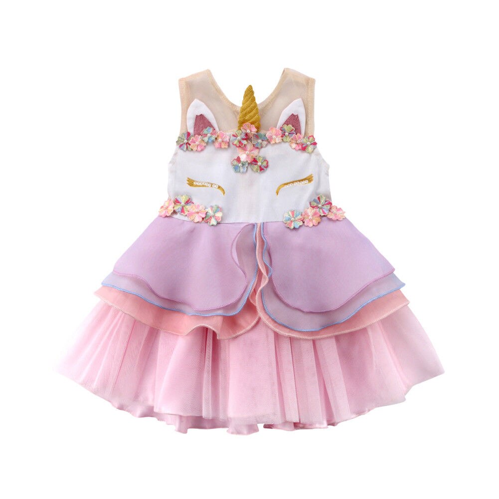 high quality!!Baby Girls Unicorn Embroidery Party Pageant Dress 3D Sundress Ruffle Sleeveless Cartoon Dresses - ebowsos