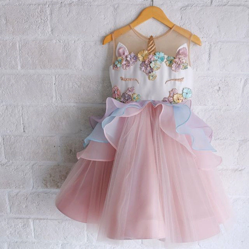 high quality!!Baby Girls Unicorn Embroidery Party Pageant Dress 3D Sundress Ruffle Sleeveless Cartoon Dresses - ebowsos