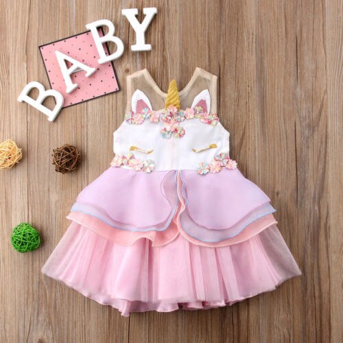 high quality!!Baby Girls Unicorn Embroidery Party Pageant Dress 3D Sundress Ruffle Sleeveless Cartoon Dresses - ebowsos