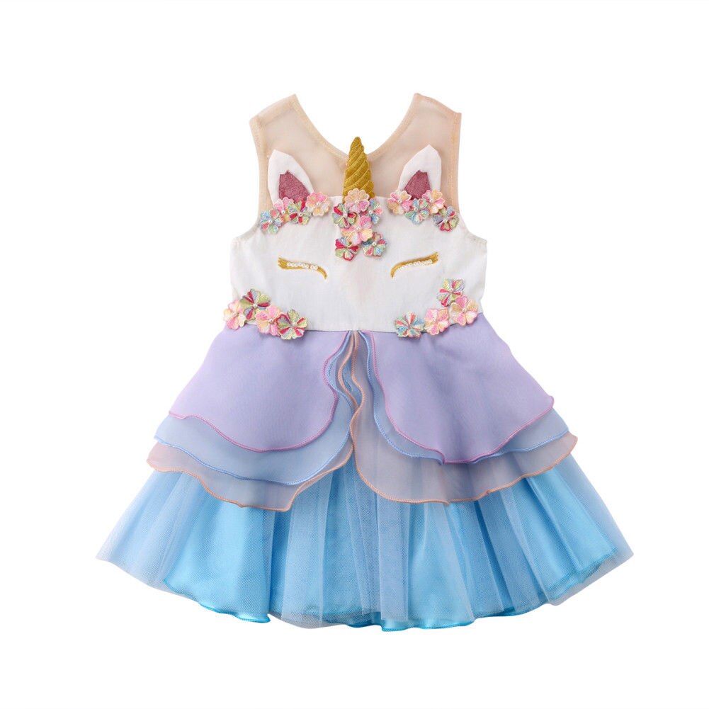 high quality!!Baby Girls Unicorn Embroidery Party Pageant Dress 3D Sundress Ruffle Sleeveless Cartoon Dresses - ebowsos