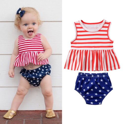 independence Day Newborn Toddler Baby Girl Summer Striped Tank Tops+Shorts Pants Outfits Set - ebowsos