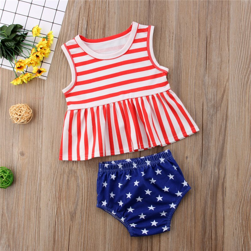 independence Day Newborn Toddler Baby Girl Summer Striped Tank Tops+Shorts Pants Outfits Set - ebowsos