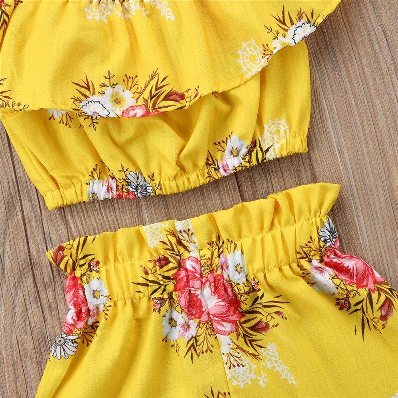 kids Summer 2pcs Clothing Toddler Baby Girl Floral Ruffled Sleeve Off shoulder T-shirt Tops+Shorts Summer Outfits Set Clothes - ebowsos