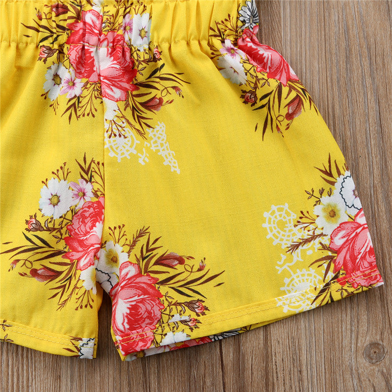 kids Summer 2pcs Clothing Toddler Baby Girl Floral Ruffled Sleeve Off shoulder T-shirt Tops+Shorts Summer Outfits Set Clothes - ebowsos