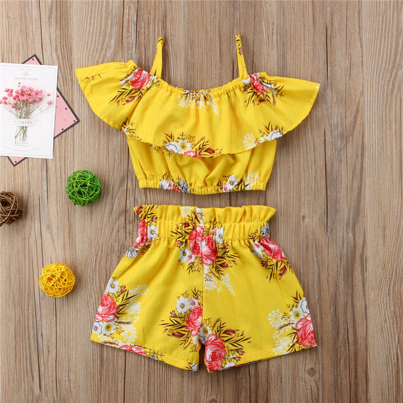 kids Summer 2pcs Clothing Toddler Baby Girl Floral Ruffled Sleeve Off shoulder T-shirt Tops+Shorts Summer Outfits Set Clothes - ebowsos