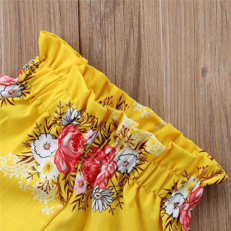 kids Summer 2pcs Clothing Toddler Baby Girl Floral Ruffled Sleeve Off shoulder T-shirt Tops+Shorts Summer Outfits Set Clothes - ebowsos