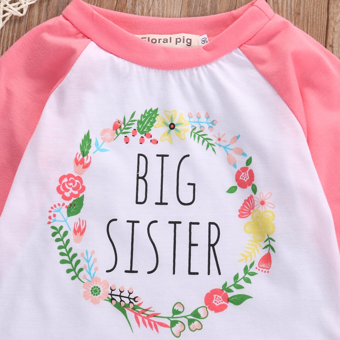 kids o-neck long sleeve t shirts streetwear summer Baby Girls  Toddler Big Sister Letter Outfits - ebowsos