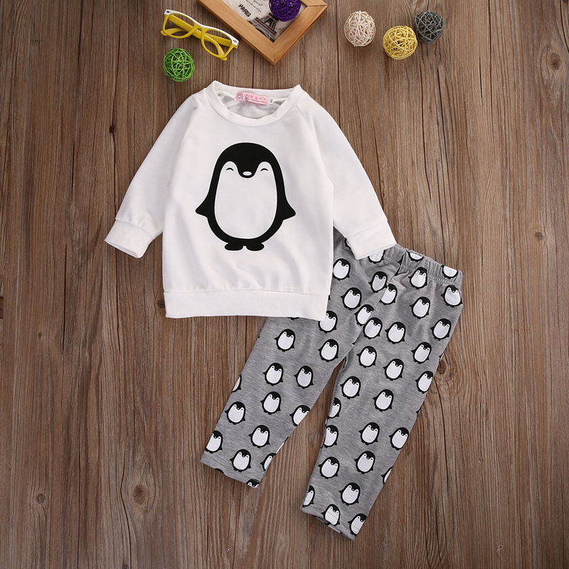 penguin Baby Boys Girls Clothes T-shirt Sweatshirt+ Toddler Kids Pants Outfits 2PCS Set - ebowsos