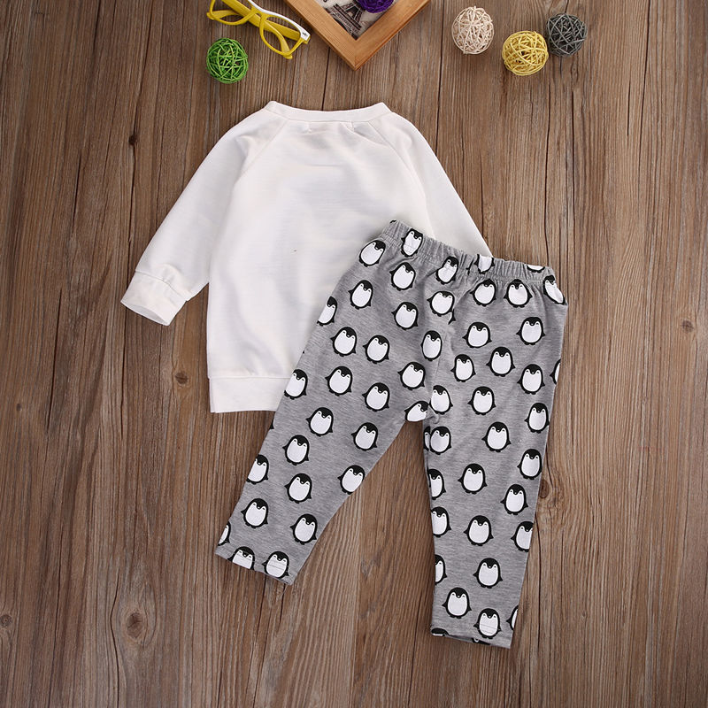 penguin Baby Boys Girls Clothes T-shirt Sweatshirt+ Toddler Kids Pants Outfits 2PCS Set - ebowsos