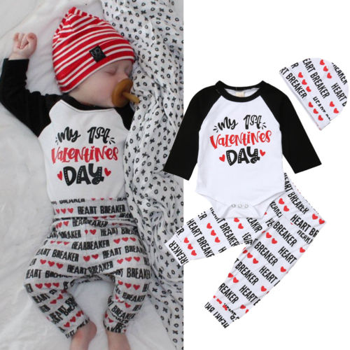 valentines Baby Clothes Boy Girl Clothes Tops Pants+Hat Kids Outfit 3pcs Set Tracksuit Holiday - ebowsos