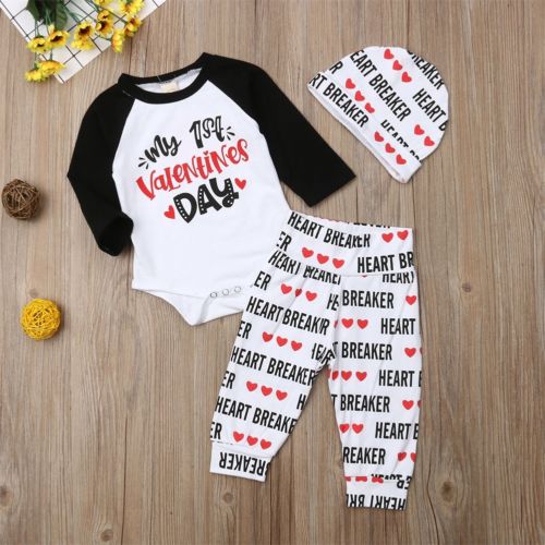 valentines Baby Clothes Boy Girl Clothes Tops Pants+Hat Kids Outfit 3pcs Set Tracksuit Holiday - ebowsos